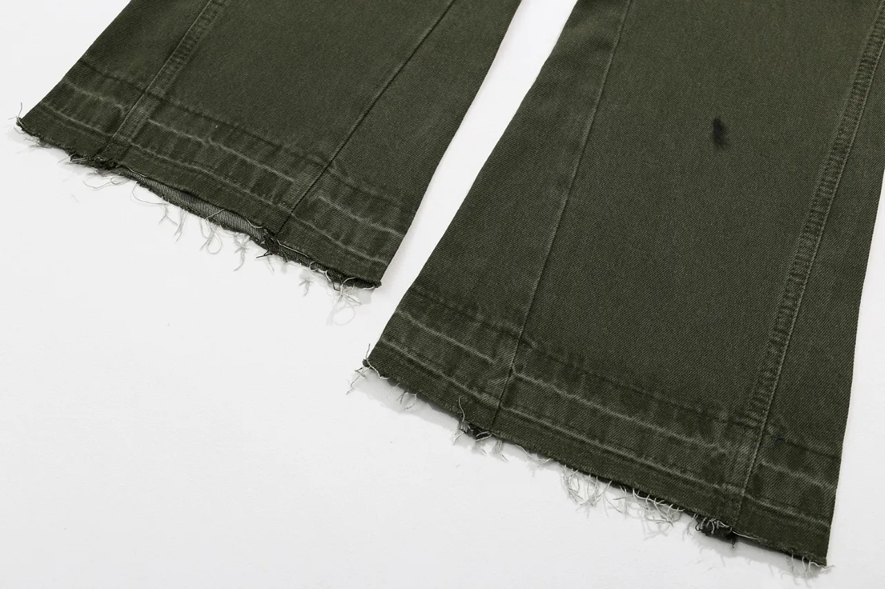 p260 (detail picture) 637#Gallery Dept New style splashed ink and paint washed military green splicing bootcut jeans olive green overalls jeans versatile casual pants washed olive green S~XL